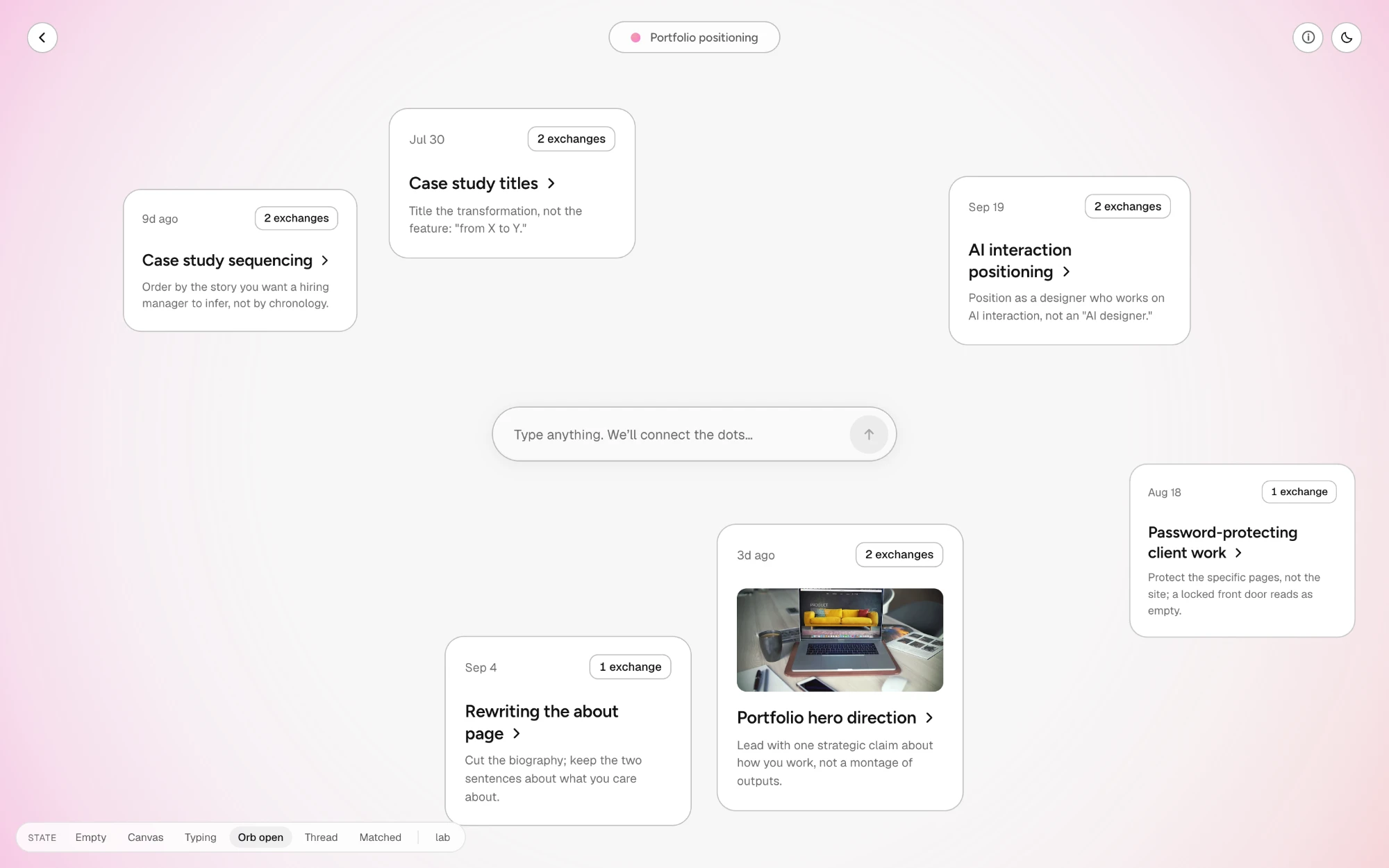 Threadscape concept: past AI chats shown as cards scattered around a message box, each with a title, a one-line summary and an exchange count.