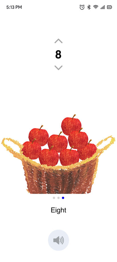 Counting app screen: the number 8 between up and down arrows, above a drawing of a basket of eight red apples.