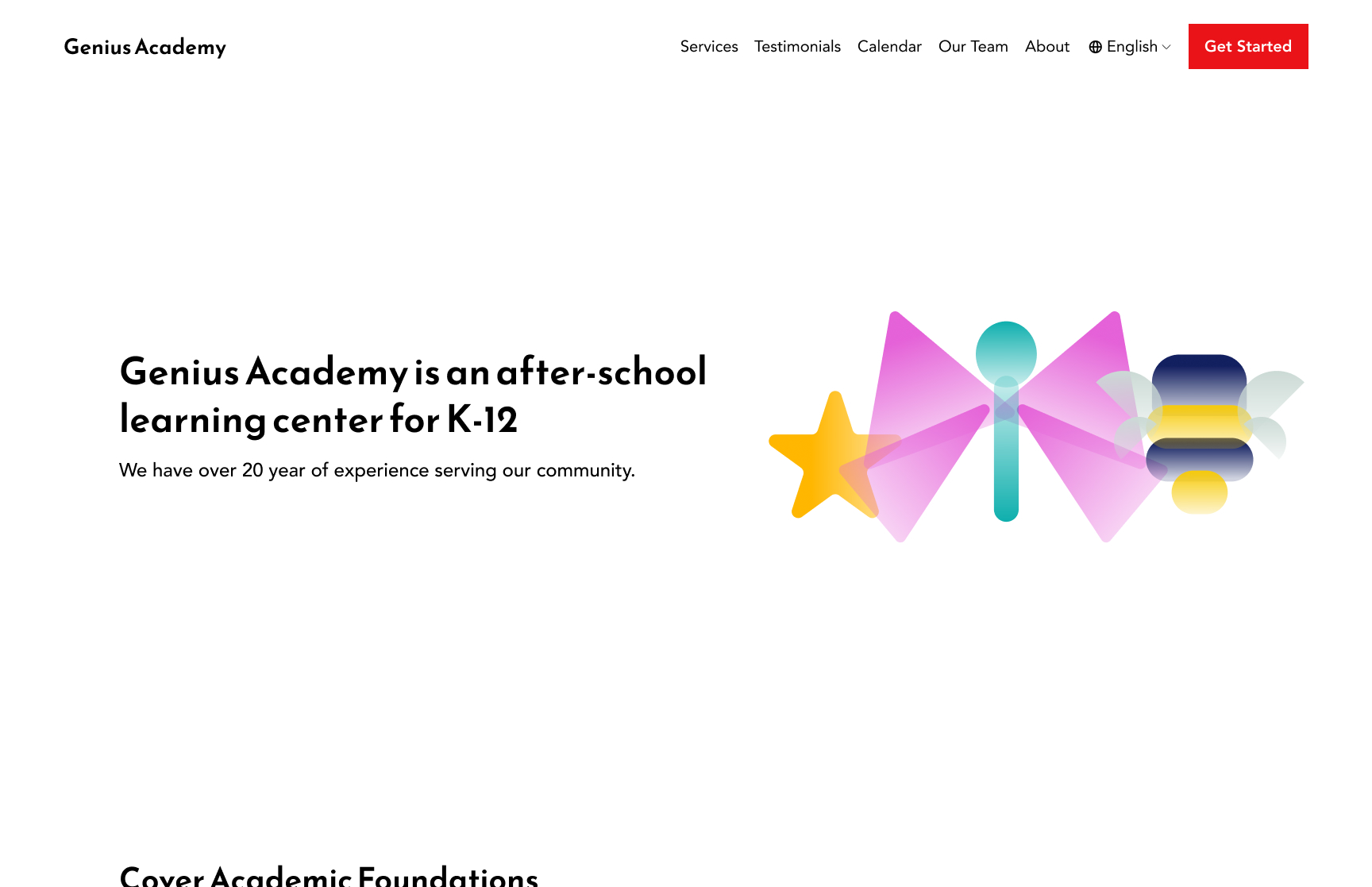 Genius Academy website: a headline reading Genius Academy is an after-school learning center for K-12, beside a colourful geometric illustration.