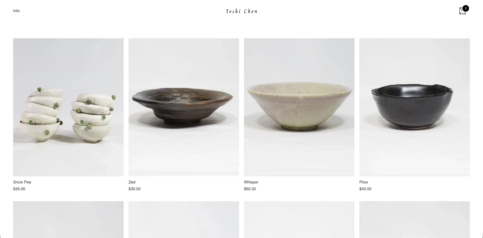 Toshi Chen online shop: a grid of handmade ceramic bowls with names and prices.